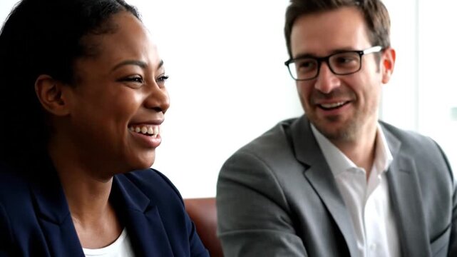 Candid cinematic dslr video of colleagues laughing together during a meeting intimate camera angle clean white background soft natural expressions detailed professional atmosphere
