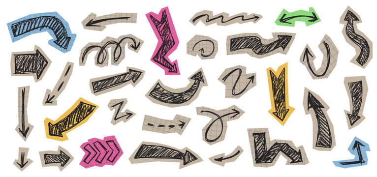 Collage hand drawn arrows on cut out paper. Grunge crayon textured scrapbook planner design, messy journal arrow doodle vector illustration set