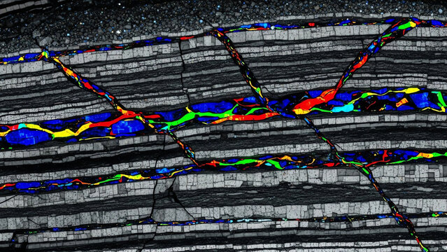Microscopic Rock Thin Section with Colorful Vein Patterns