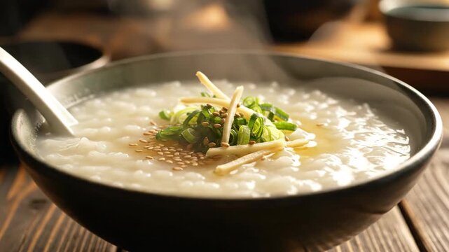 Close up of a bowl of savory porridge with garnish on a wooden surface