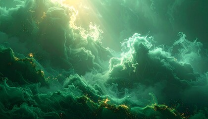 Mysterious clouds gather above a rugged landscape, illuminated by a distant light source, creating an otherworldly atmosphere from a high vantage point.