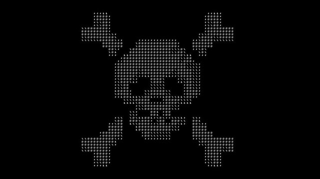 ASCII skull with crossed bones laughing on dark background