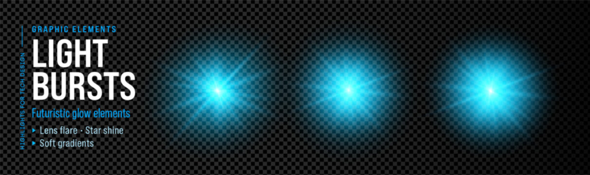 Blue light png sparkle and burst. Cyan flash effect background. Light bursts glowing blue lens flare on transparent background. Futuristic glow elements with soft gradients. Abstract highlight.