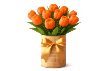 Orange tulips forming a spring bouquet inside a decorative gift box