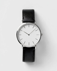 Minimalist Bauhaus style wristwatch clean white dial thin black index simple leather strap No number ultra thin case Perfectly centered top down flat lay Sharp focus studio lighting isolated pure