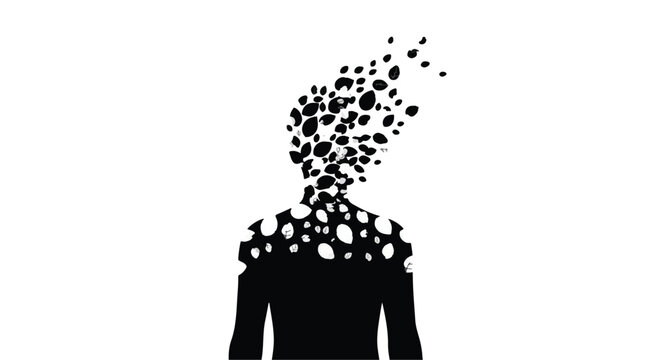 Black silhouette of person with particles exploding from head, representing creativity and innovation in a modern conceptual illustration