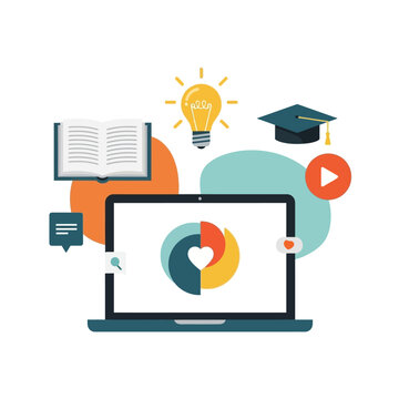 Laptop with education learning icons.