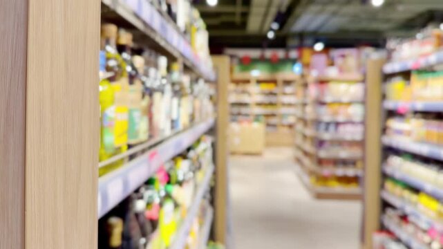 supermarket shelves, blurred background, empty store