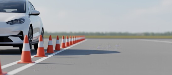 White car driving through a precise path of orange and white traffic cones on an empty asphalt area, symbolizing learning, skill development, and passing a driving test