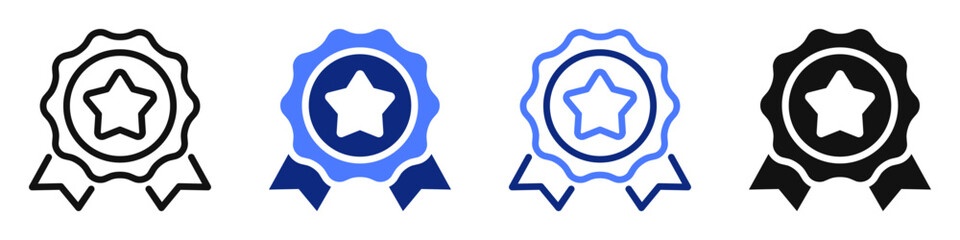 Obraz premium Vector icon or logo of award medal with star and ribbon related to achievement and quality, success and winning. Symbol for website or app UI, logo design, illustration