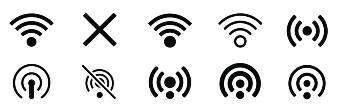 Wireless WiFi connection icon set featuring signal strength, hotspot, online and offline status, outline and solid vector icons, isolated on white background