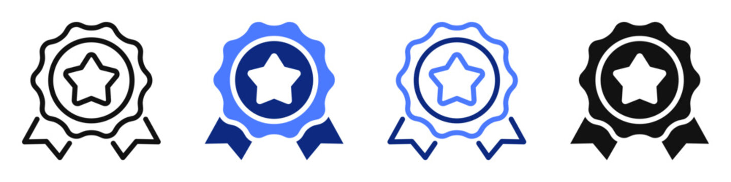 Vector icon or logo of award medal with star and ribbon related to achievement and quality, success and winning. Symbol for website or app UI, logo design, illustration
