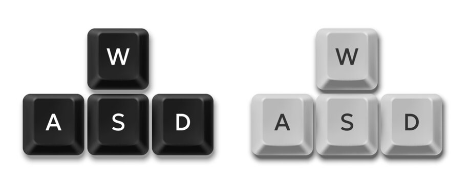 Vector black and white WASD computer keyboard buttons. Realistic keys combination for video gaming and cybersport