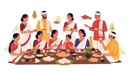 Illustration of a traditional Assamese family celebrating Magh Bihu with a festive harvest feast and cultural foods on a decorative table.