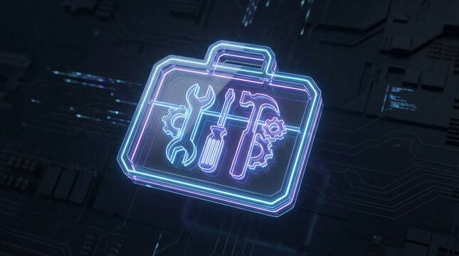 Neon toolbox icon with tools on a circuit board background technology tech