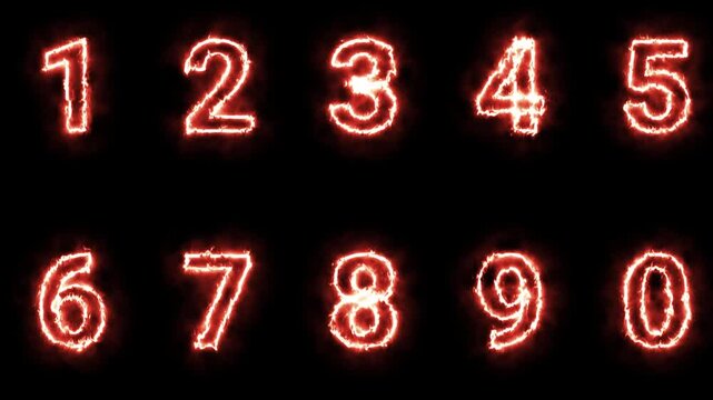 Fiery glowing numbers animation from 0 to 9 on black background. Burning flame digits for countdowns, timers, dramatic intros and cinematic visual effects.