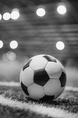 A close-up of a classic black and white soccer ball on the grass under the stadium floodlights