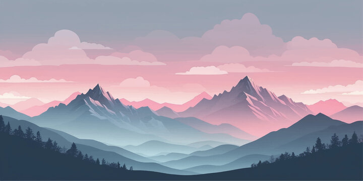 Vibrant mountain illustration showcasing colorful peaks and serene landscape composition