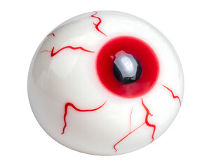 Round, glossy eyeball with red veins and a deep red iris