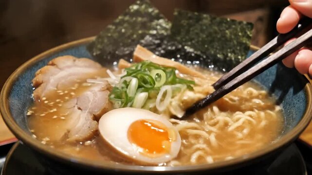 Close up view of japanese ramen noodles with egg and seaweed in a bowl