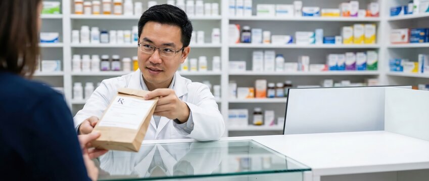 Asian male pharmacist handing prescription bag to customer in pharmacy Healthcare, medicine, and customer service