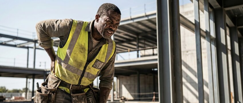 Black construction worker with back pain, holding lower back at building site Injury, labor, and occupational hazard concept