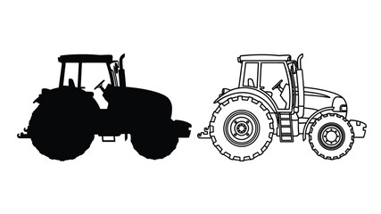 a black and white illustration of two tractors side by side silhouette © asma