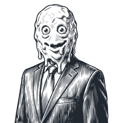 A surreal character in a business suit with a melting, dripping head. A retro, hand-drawn vector illustration in a vintage engraving or woodcut style.