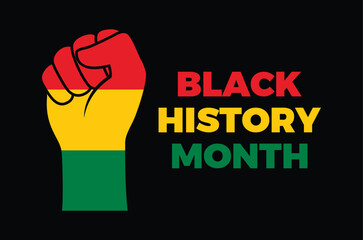 Black History Month poster with clenched fist vector illustration. Pan-African flag hand raised fist icon on a black background. Template for background, banner, card. Important day