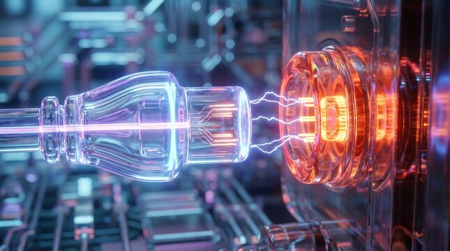Electricity transfer between two plasma glass tubes in a futuristic laboratory setting
