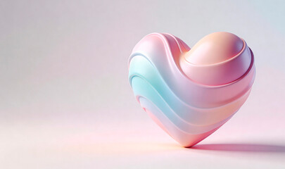 Abstract 3D heart shape sculpture with smooth, wavy surfaces in pastel colors of pink, blue, and white, set against a soft gradient background