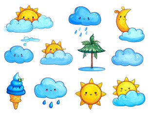 Kawaii weather set suns, clouds, rain, moon, tree, ice cream, cartoon, cute