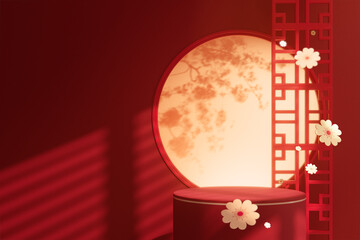 Chinese New Year 2026 Red Product Podium with Round Window and Chinese Lattice. Horizontal 3D Render.