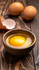 Fresh egg yolk in a bowl, cracked shell, two whole eggs on a rustic wooden table