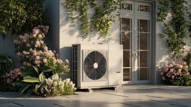 A modern heat pump system installed in a lush garden environment for energy-efficient home heating. AI generated image