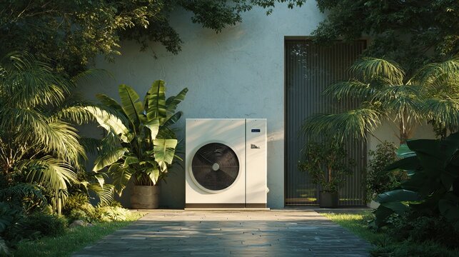 A modern heat pump system installed in a lush garden environment for energy-efficient home heating. AI generated image