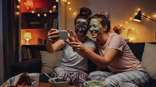 Two happy women friends taking a selfie with a smartphone wearing face masks during a girls' night in. Cheerful ladies in pajamas posing for a photo on the sofa. Friendship and beauty concept
