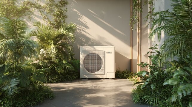 A modern heat pump system installed in a lush garden environment for energy-efficient home heating. AI generated image