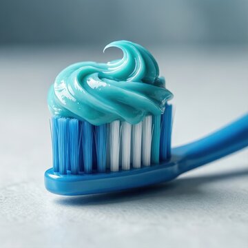 Close-up blue toothbrush with glossy turquoise toothpaste swirl on clean minimal background, soft light and fresh hygienic dental care concept.