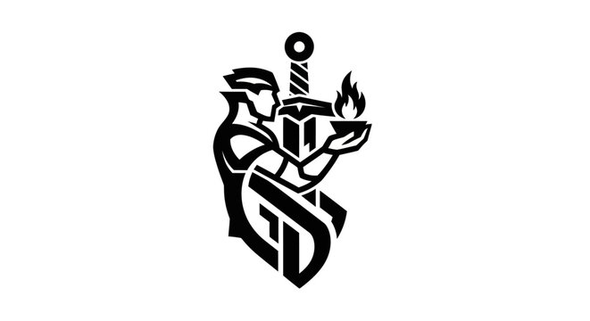 Abstract warrior holding sword and fire