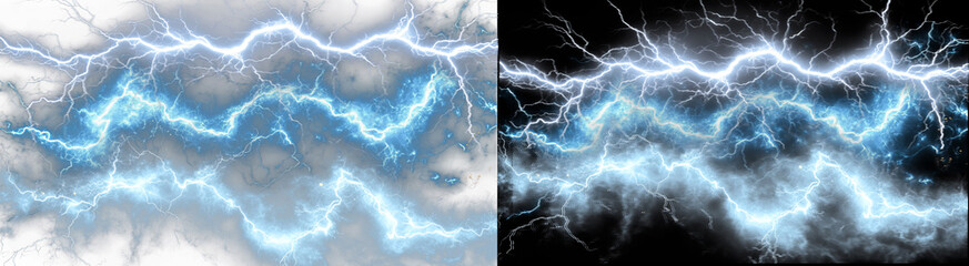 Fototapeta premium PNG image of&nbsp;Intense blue electrical lightning storm energy bursts on transparent background