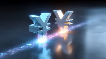 3D Chinese Yuan and Japanese Yen currency symbols glowing with financial data streams in futuristic business trading environment