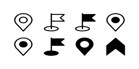 Set of 3D map pointers and navigation pins as vector icons for web design and business computer symbols including arrow buttons and signs in black