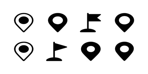 A professional set of 3d map pointers and black vector icons featuring a camera and music button design for web technology and business internet concepts