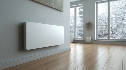 Obraz premium Modern energy-efficient home heating radiator system on the interior wall. AI generated image