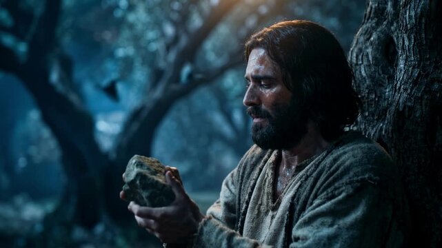 Cinematic portrayal of Jesus Christ praying in the Garden of Gethsemane at night. Bearded man in ancient robe holding a stone in anguish under moonlight. Biblical Easter and Passion concept