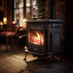 Cozy living room interior with a warm, burning fire in a traditional stove. House Heating. AI generated image