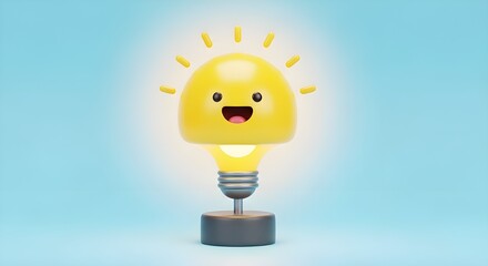 A cheerful 3D incandescent lamp character with an adorable smiley face and glowing yellow light. The modern minimalist design symbolizes creative ideas and brilliant inspiration.