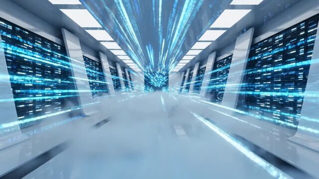 Futuristic Data Center Hallway with Blue Light Streaks, Server Racks, High-Speed Network
