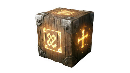 A mysterious wooden box with glowing runes on a black background